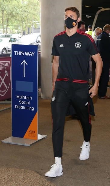 Nemanja Matic of Manchester United arrives ahead of the Premier League match between West Ham United and Manchester United at London Stadium on...