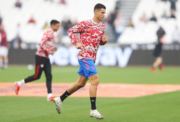 Cristiano Ronaldo of Manchester United is seen warming up prior to the Premier League match between West Ham United and Manchester United at London...