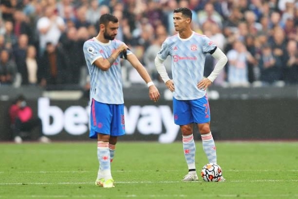 Cristiano Ronaldo of Manchester United looks dejected after their side concedes their side's first goal during the Premier League match between West...
