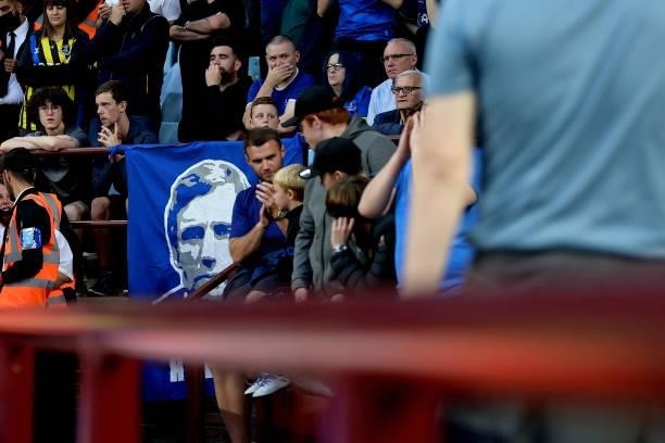 Banner of Colin Harvey in the away section during the Premier League match between Aston Villa and Everton at Villa Park on September 18, 2021 in...