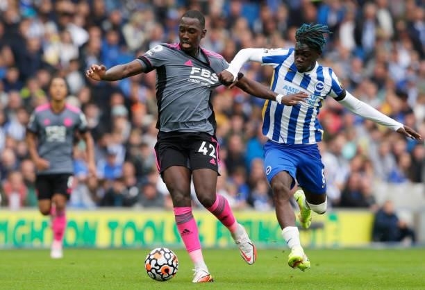 Boubakary Soumare of Leicester City is challenged by Yves Bissouma of Brighton & Hove Albion during the Premier League match between Brighton & Hove...