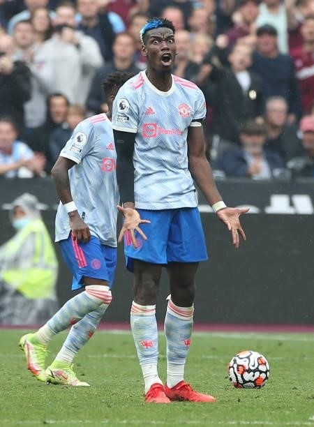 Paul Pogba of Manchester United shows his frustration during the Premier League match between West Ham United and Manchester United at London Stadium...
