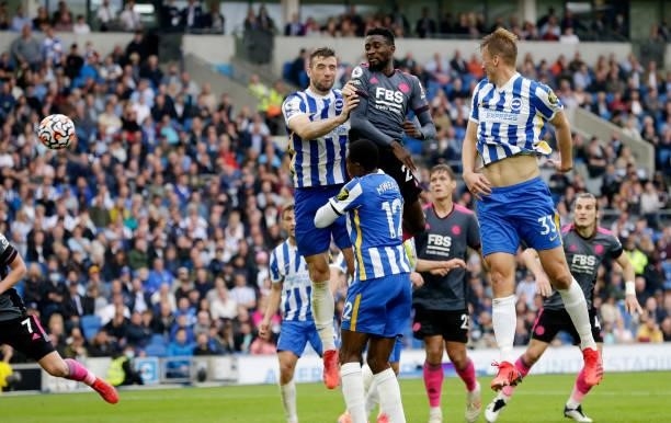 Wilfred Ndidi of Leicester City scores a goal which is later disallowed during the Premier League match between Brighton & Hove Albion and Leicester...