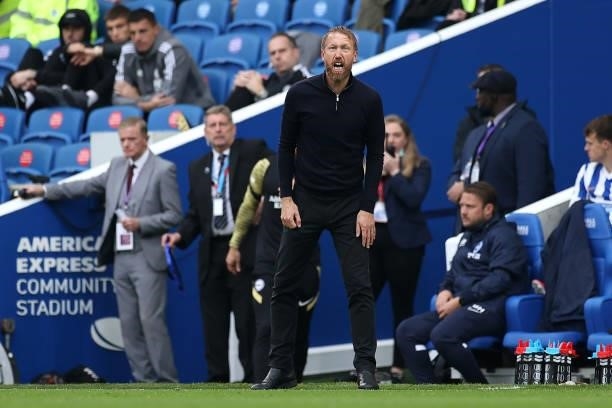 Graham Potter, Manager of Brighton & Hove Albion reacts during the Premier League match between Brighton & Hove Albion and Leicester City at American...