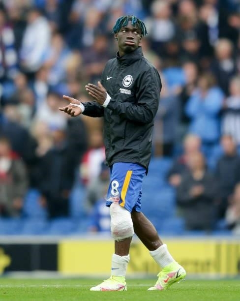 Yves Bissouma of Brighton & Hove Albion who was subbed with an ice pack attached to his leg after his sides 2-1 win during the Premier League match...