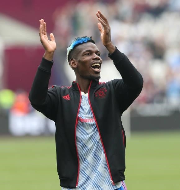 Paul Pogba of Manchester United celebrates after the Premier League match between West Ham United and Manchester United at London Stadium on...