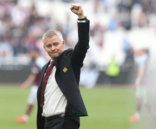 Manager Ole Gunnar Solskjaer of Manchester United celebrates after the Premier League match between West Ham United and Manchester United at London...
