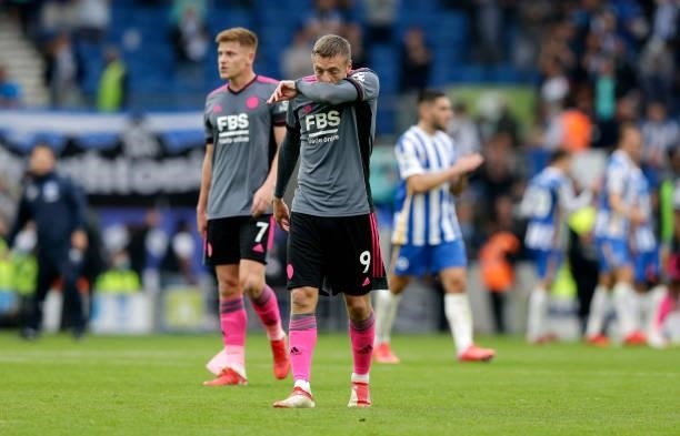 Jamie Vardy of Leicester City looks dejected following their side's defeat in the Premier League match between Brighton & Hove Albion and Leicester...