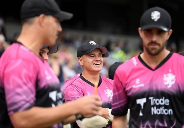Will Smeed of Somerset looks on prior to the Semi-Final of the Vitality T20 Blast match between Hampshire Hawks and Somerset at Edgbaston on...