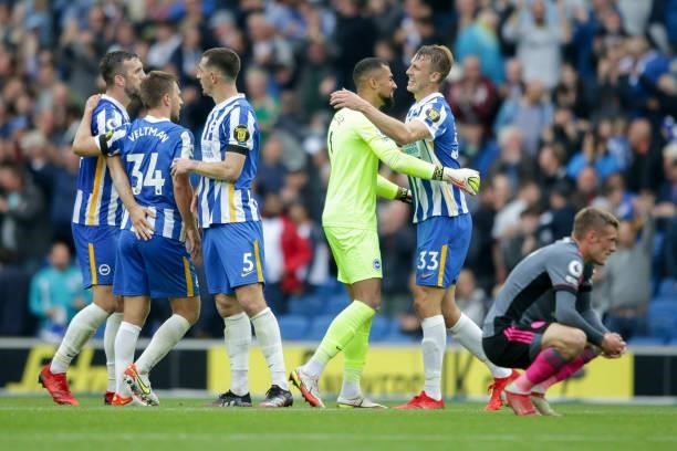 Shane Duffy, Joel Veltman, Lewis Dunk, Robert Sanchez and Dan Burn of Brighton & Hove Albion celebrate their sides 2-1 win with Jamie Vardy of...