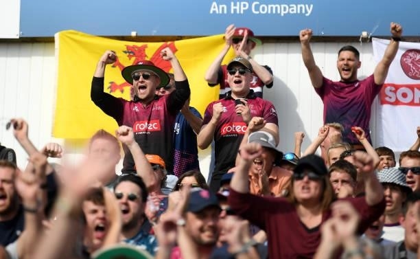 Fans during the Semi-Final of the Vitality T20 Blast match between Hampshire Hawks and Somerset at Edgbaston on September 18, 2021 in Birmingham,...