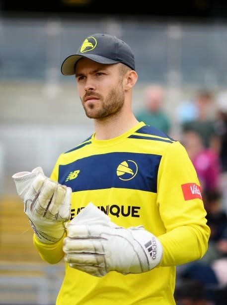 Lewis McManus of Hampshire looks on prior to the Semi-Final of the Vitality T20 Blast match between Hampshire Hawks and Somerset at Edgbaston on...