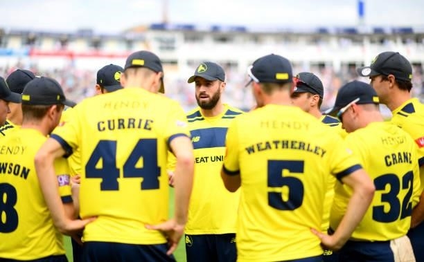 James Vince of Hampshire speaks to his teammates prior to the Semi-Final of the Vitality T20 Blast match between Hampshire Hawks and Somerset at...
