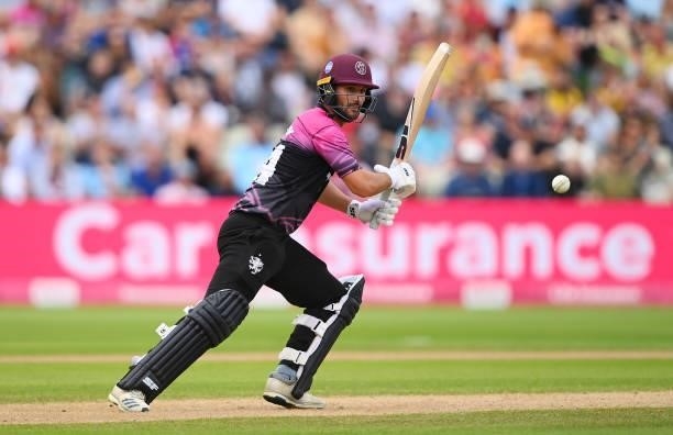 Lewis Gregory of Somerset hits runs during the Semi-Final of the Vitality T20 Blast match between Hampshire Hawks and Somerset at Edgbaston on...
