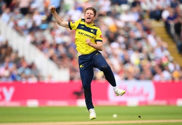 Liam Dawson of Hampshire celebrates taking the wicket of Lewis Gregory of Somerset during the Semi-Final of the Vitality T20 Blast match between...