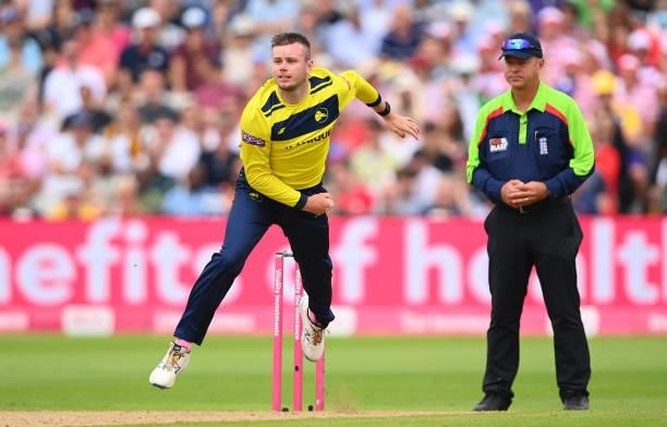 Mason Crane of Hampshire bowls during the Semi-Final of the Vitality T20 Blast match between Hampshire Hawks and Somerset at Edgbaston on September...