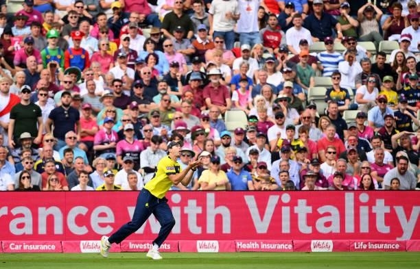 James Fuller of Hampshire takes the catch to dismiss Tom Abell of Somerset during the Semi-Final of the Vitality T20 Blast match between Hampshire...