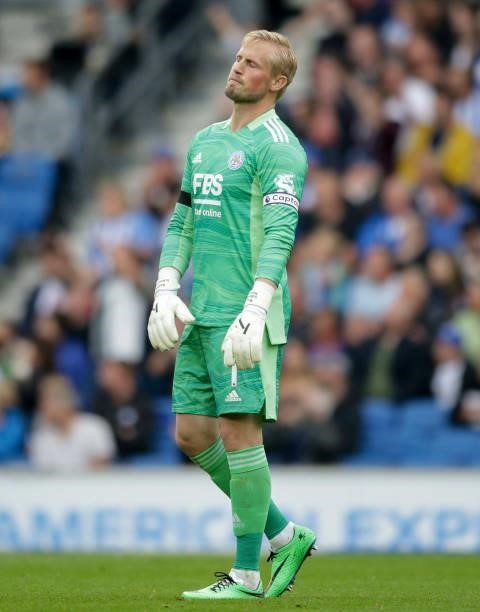 Kasper Schmeichel of Leicester City reaction after VAR rules out team-mate Wilfred Ndidi goal for offside during the Premier League match between...