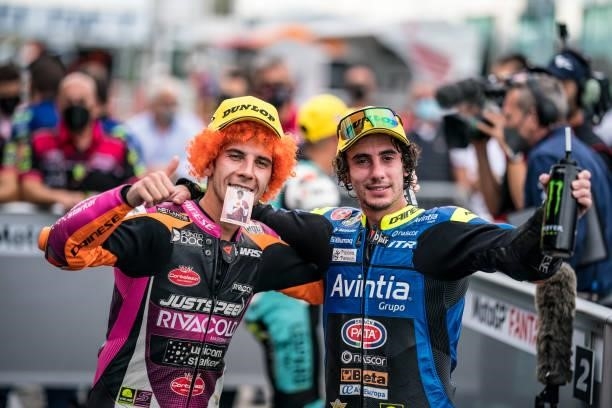 Moto3 rider Andrea Migno of Italy and Rivacold Snipers Team and Moto3 rider Niccolò Antonelli of Italy and Avintia VR46 at parc ferme during the race...