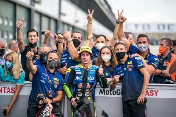 Moto3 rider Niccolò Antonelli of Italy and Avintia VR46 celebrates with his team during the race of the MotoGP Gran Premio Octo di San Marino e della...