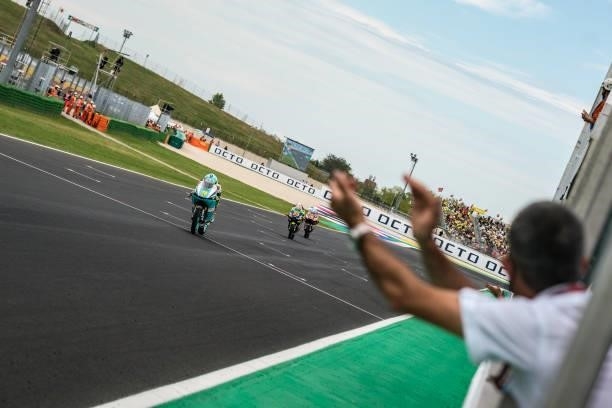 Moto3 rider Dennis Foggia of Italy and Leopard Racing crosses the line and wins during the race of the MotoGP Gran Premio Octo di San Marino e della...