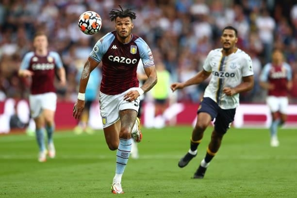Tyrone Mings of Aston Villa during the Premier League match between Aston Villa and Everton at Villa Park on September 18, 2021 in Birmingham,...