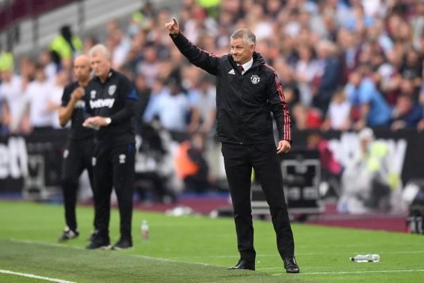 Ole Gunnar Solskjaer, Manager of Manchester United reacts during the Premier League match between West Ham United and Manchester United at London...