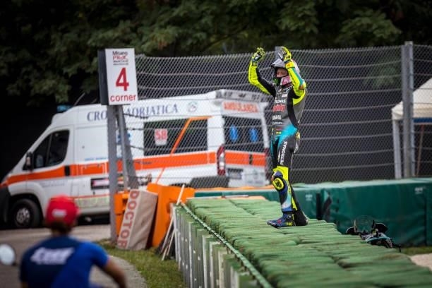 Valentino Rossi of Italy and Petronas Yamaha SRT stays on the tires and greets his fans during the race of the MotoGP Gran Premio Octo di San Marino...