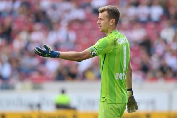 Lukas Hradecky of Bayer 04 Leverkusen gestures during the Bundesliga match between VfB Stuttgart and Bayer 04 Leverkusen at Mercedes-Benz Arena on...