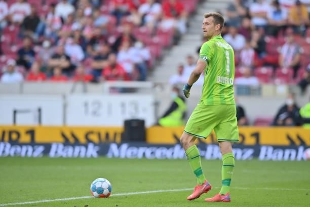 Lukas Hradecky of Bayer 04 Leverkusen looks on during the Bundesliga match between VfB Stuttgart and Bayer 04 Leverkusen at Mercedes-Benz Arena on...