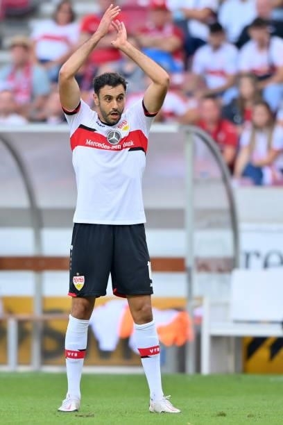 Hamadi Al Ghaddioui of VfB Stuttgart gestures during the Bundesliga match between VfB Stuttgart and Bayer 04 Leverkusen at Mercedes-Benz Arena on...