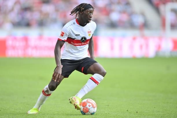 Tanguy Coulibaly of VfB Stuttgart plays the ball during the Bundesliga match between VfB Stuttgart and Bayer 04 Leverkusen at Mercedes-Benz Arena on...