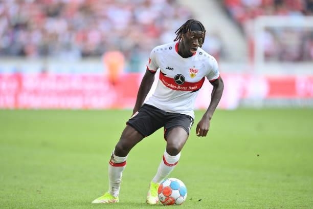 Tanguy Coulibaly of VfB Stuttgart plays the ball during the Bundesliga match between VfB Stuttgart and Bayer 04 Leverkusen at Mercedes-Benz Arena on...