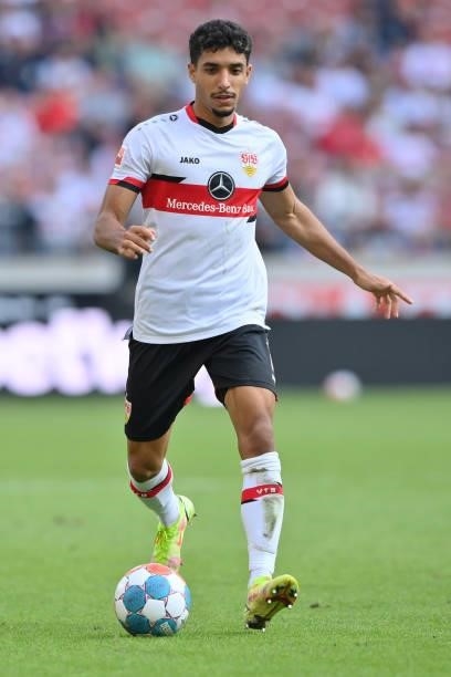 Omar Khaled Marmoush of VfB Stuttgart plays the ball during the Bundesliga match between VfB Stuttgart and Bayer 04 Leverkusen at Mercedes-Benz Arena...