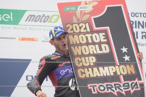 Jordi Torres of Spain and Pons Racing 40 celebrates on the podium the 2021 MotoE World Cup Champion at the end of the MotoE race 2 during the MotoGP...