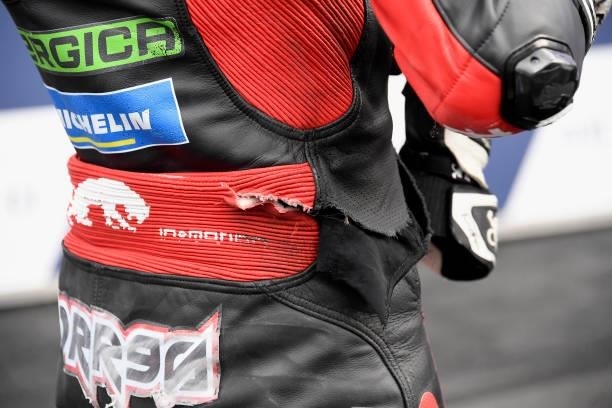 The leather of Jordi Torres of Spain and Pons Racing 40 after he crashed out under the podium during the MotoE race 2 during the MotoGP Of San Marino...
