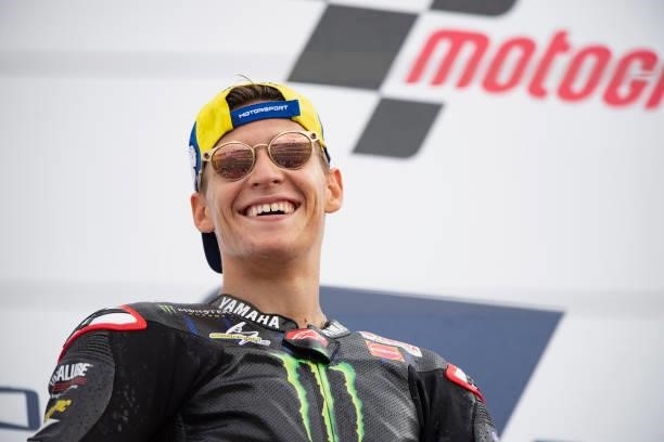 Fabio Quartararo of France and Monster Energy Yamaha MotoGP Team celebrates second place on the podium during the MotoGP race during the MotoGP Of...