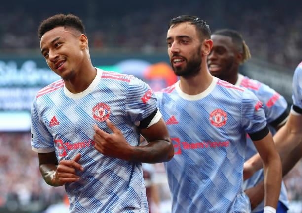 Jesse Lingard of Manchester United celebrates scoring his teams second goal during the Premier League match between West Ham United and Manchester...