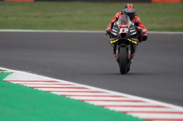 Maverick Vinales of Spain and Aprilia Racing Team Gresini heads down a straight during the MotoGP race during the MotoGP Of San Marino - Race at...