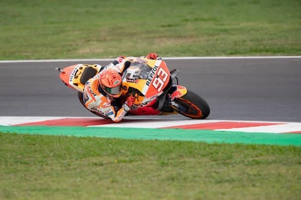 Marc Marquez of Spain and Repsol Honda Team rounds the bend during the MotoGP race during the MotoGP Of San Marino - Race at Misano World Circuit on...