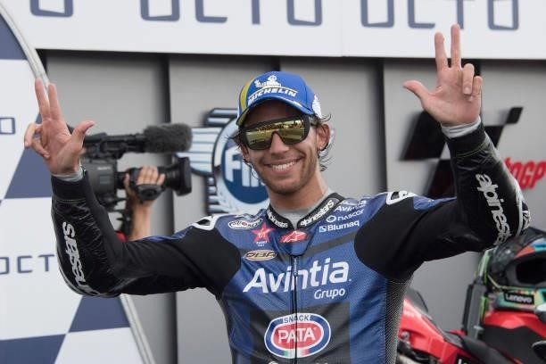 Enea Bastianini of Italy and Esponsorama Racing celebrates the third place under the podium during the MotoGP race during the MotoGP Of San Marino -...