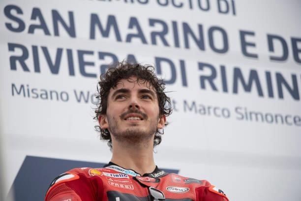 Francesco Bagnaia of Italy and Ducati Lenovo Team celebrates the victory on the podium during the MotoGP race during the MotoGP Of San Marino - Race...