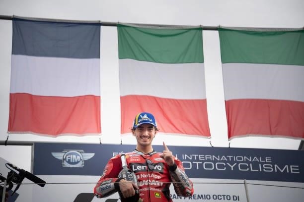 Francesco Bagnaia of Italy and Ducati Lenovo Team celebrates the victory on the podium during the MotoGP race during the MotoGP Of San Marino - Race...