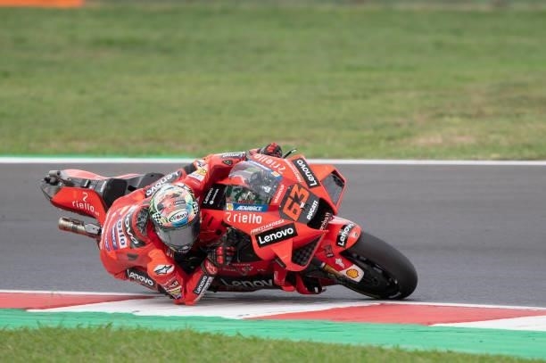 Francesco Bagnaia of Italy and Ducati Lenovo Team rounds the bend during the MotoGP race during the MotoGP Of San Marino - Race at Misano World...