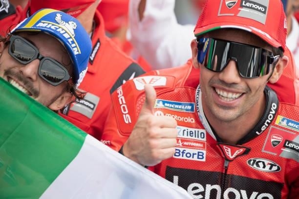 Michele Pirro of Italy and Pramac Racing and Francesco Bagnaia of Italy and Ducati Lenovo Team celebrate under the podium during the MotoGP race...