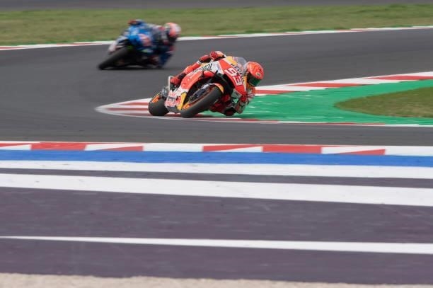 Marc Marquez of Spain and Repsol Honda Team leads the field during the MotoGP race during the MotoGP Of San Marino - Race at Misano World Circuit on...