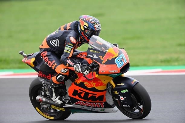 Remy Gardner of Australia and Red Bull KTM Ajo heads down a straight during the Moto2 race during the MotoGP Of San Marino - Race at Misano World...