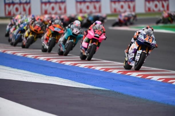 Aron Canet of Spain and Inde Aspar Team leads the field during the Moto2 race during the MotoGP Of San Marino - Race at Misano World Circuit on...