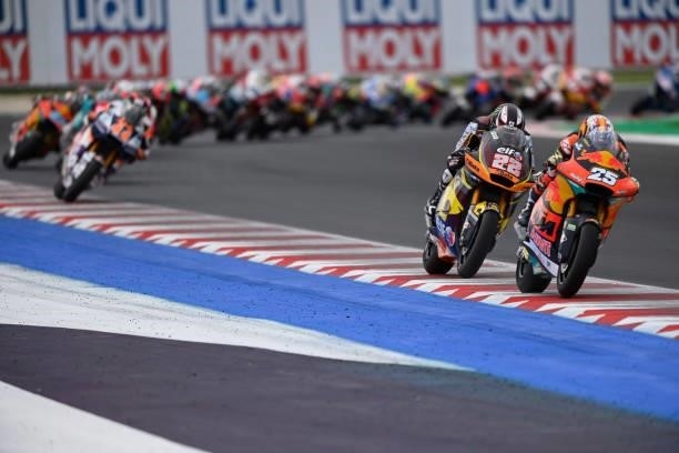 Raul Fernandez of Spain and Red Bull KTM Ajo leads the field during the Moto2 race during the MotoGP Of San Marino - Race at Misano World Circuit on...
