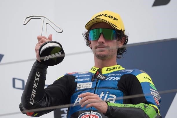 Niccolo Antonelli of Italy and Reale Avintia Moto3 celebrates the second place on the podium during the Moto3 race during the MotoGP Of San Marino -...